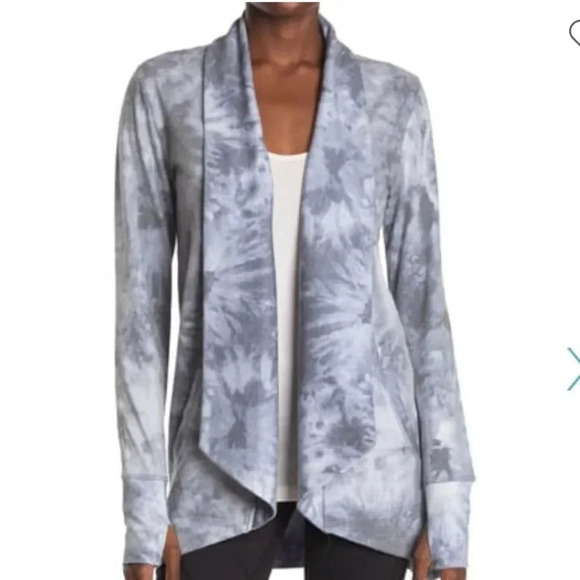 90 Degree By Reflex Shawl Collar Open Front Cardigan Sz Medium Tie Dye Blue/Gray - Picture 11 of 12